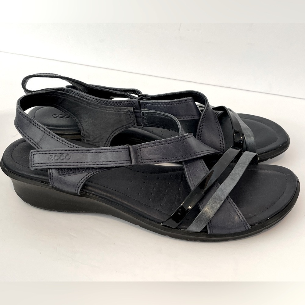 Ecco Felicia Blue, Silver & Black Leather Crossover Strappy Sandals Womens EU 42